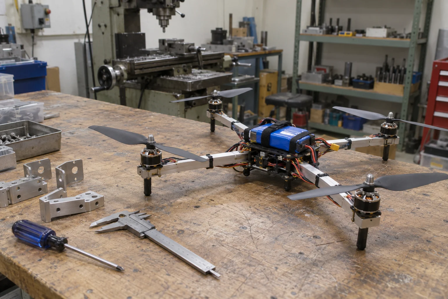 Illustrative early-2010s quadcopter prototype and machined brackets on a workshop bench